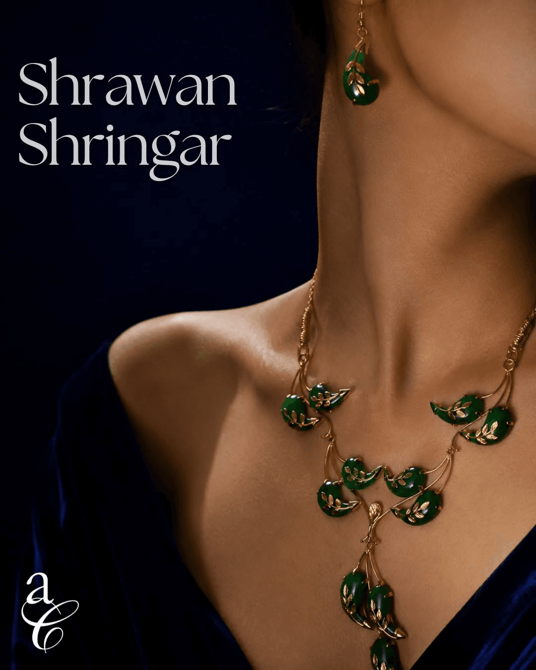 Shrawan Shringar green and gold necklace with matching earrings