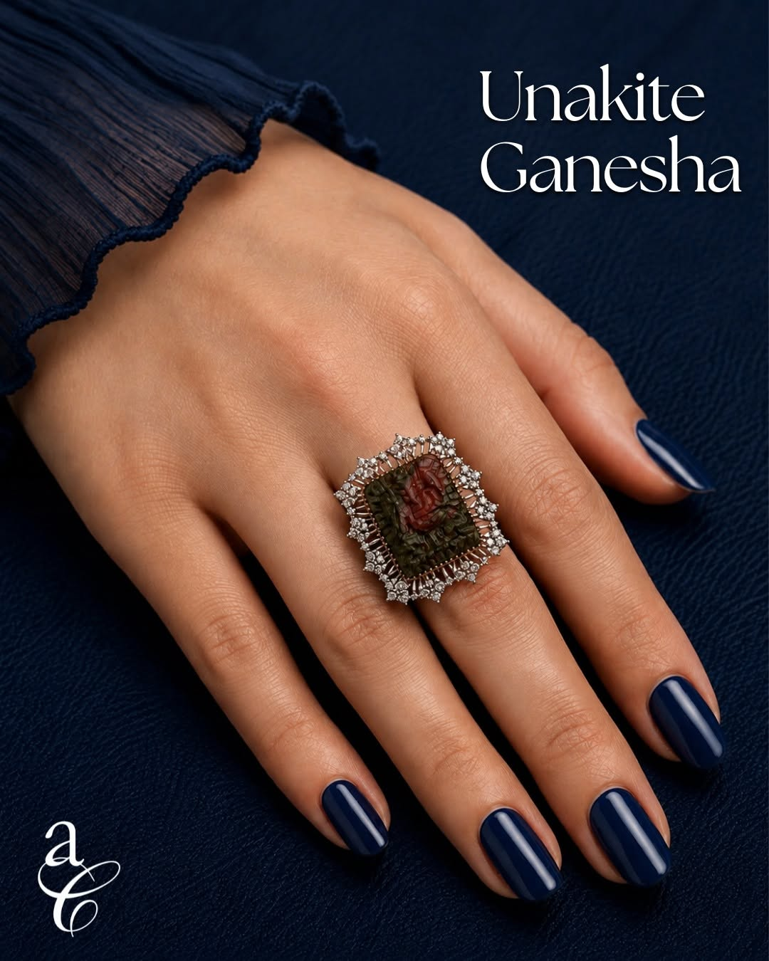 Unakite Ganesha statement ring set with diamonds